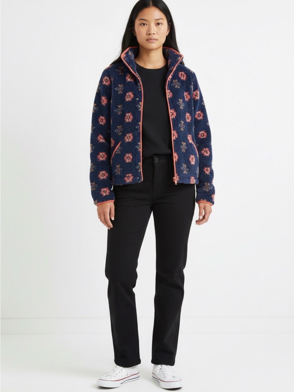 NWT Lucky Brand Floral Sherpa Fleece Jacket Women’s L Navy Boho Cottagecore